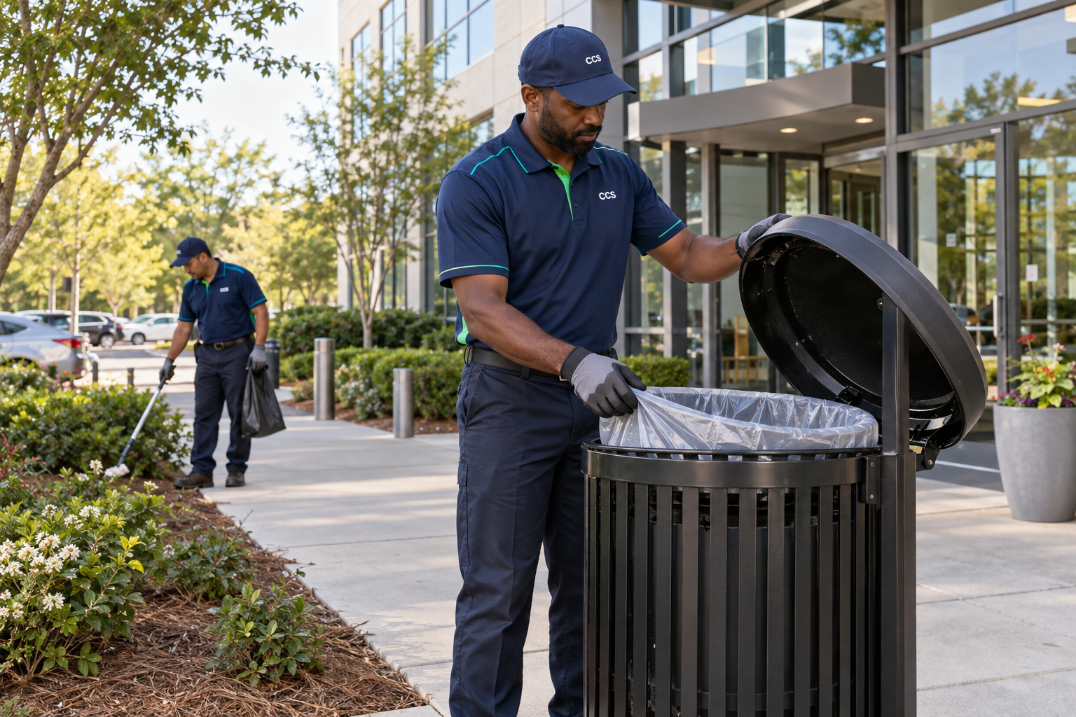 Porter replacing an outdoor trash liner while a colleague collects litter near landscaped areas.