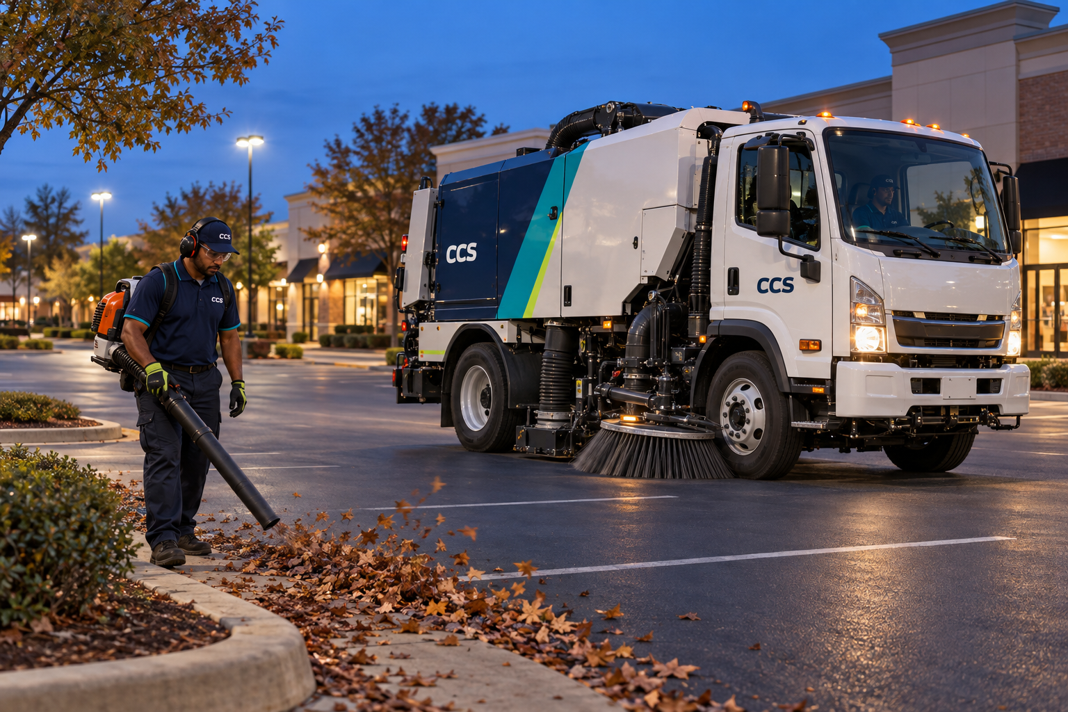 Illustrative parking lot sweeper truck and ground operator working along a commercial property curb.
